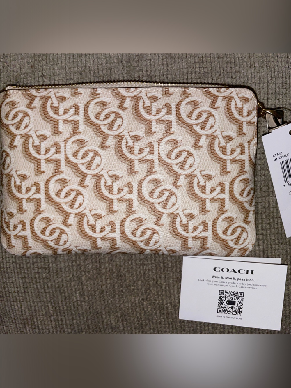 Coach Cream & Tan Monogram Zip Wristlet